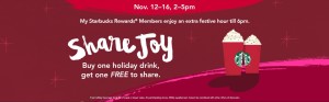 BOGO FREE @ Starbucks on 11/12 – 11/16 (2-5PM)