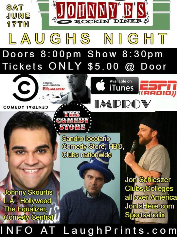 6/17/2017: Laughs Night w/Johnny Skourtis, Sandro Locolano & Jon Schieszer @ Johnny B’s (Medford, OR)