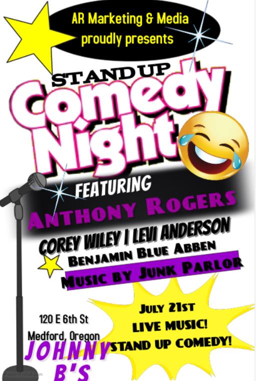 7/21/2017: Stand Up Comedy Night ft. Anthony Rogers, Corey Wiley, Levi Anderson & Benjamin Blue Abben @ Johnny B’s (Medford, OR)