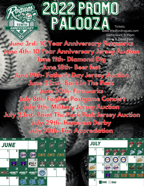 6/3/2022-7/30/2022: Medford Rogues’ Baseball Schedule @ Harry & David Field (Medford, OR)