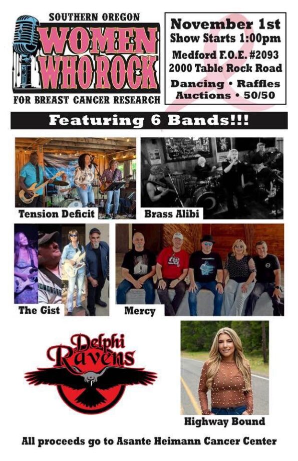 [11/1/2025] Southern Oregon WOMEN WHO ROCK for breast cancer awareness @ Crater Lake Eagles Lodge FOE #2093 (Medford, OR)