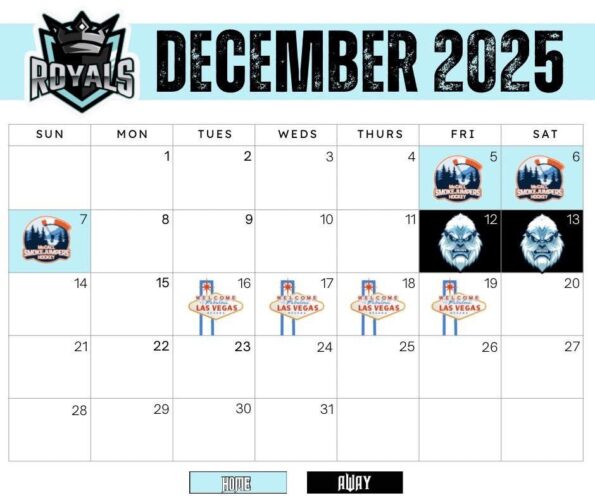 [12/5/2025] The Rogue Valley Royals Ice Hockey Team Schedule for December @ The RRRink (Medford, OR)